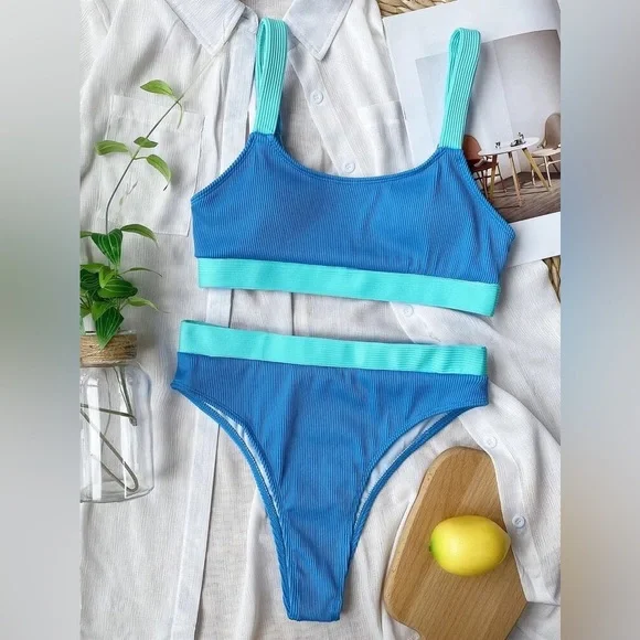 SHEIN Rib Color Block Bikini Swimsuit - Picture 2 of 7